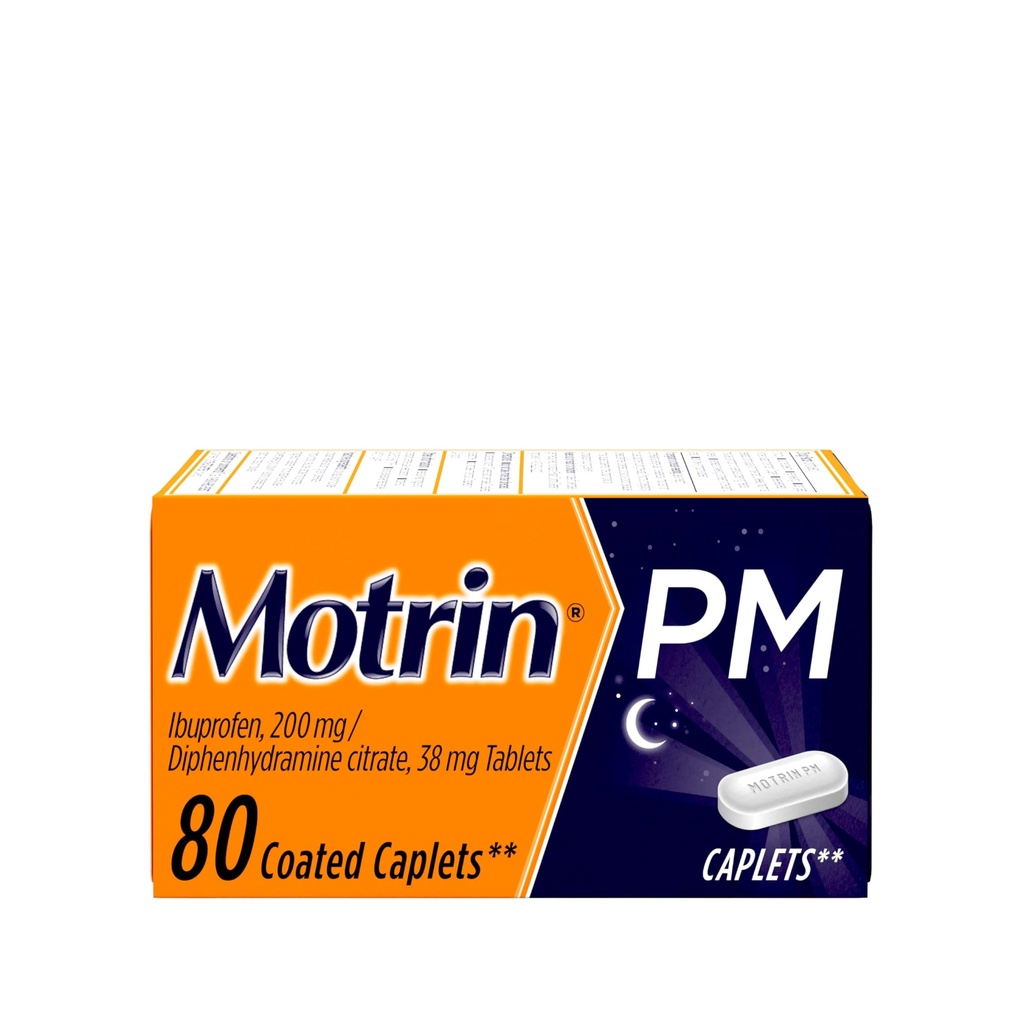 Motrin PM Caplets mit 200 mg Ibuprofen & 38 mg Diphenhydramin Schlafhilfe, Nacht Schmerzlinderung für Minor Aches & Pains, Bulk, 80 ct