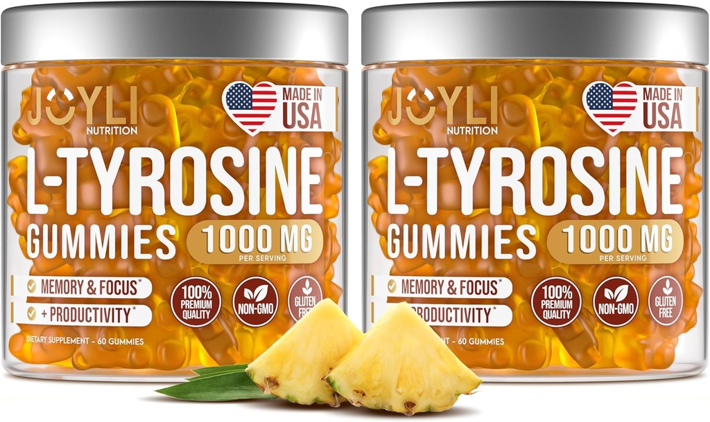 2 Pack - JOYLI L-Tyrosine Gummies 1000MG – Sugar-Free Vegan Focus Supplement & Mood Unterstützung für Kinder & Erwachsene – 500mg pro Gummy – Schlafgummis für Gedächtnis, Energie & Wellness – 60 Stück pro Packung