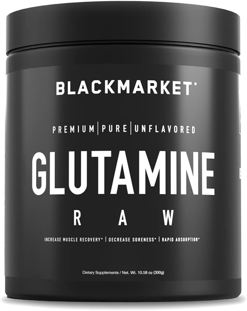 BLACKMARKET RAW Glutamine - Mélange de poudre d'entraînement pour les hommes et les femmes, améliorer la récupération et réduire la douleur musculaire, augmenter la mémoire, la concentration, 300 grammes