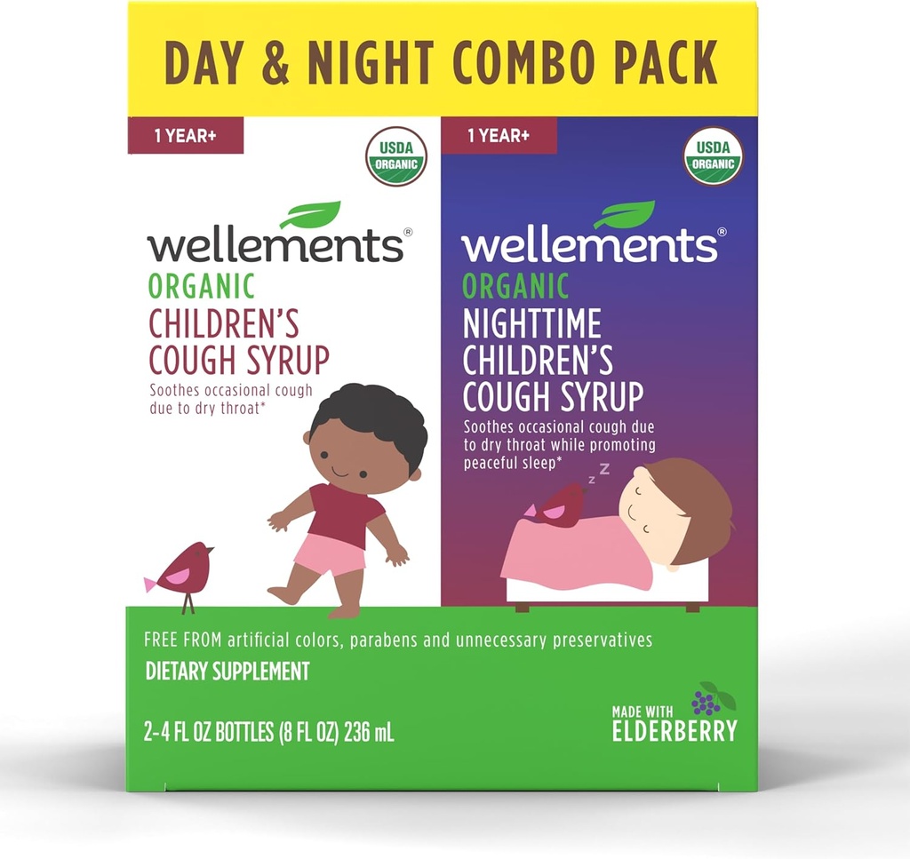 Wellements Organic Day & Nighttime Kinder Cough Combo Syrup | Beruhigende Daytime & Nighttime Cough Relief USDA Organic | Value Pack (2) 4 Fl Oz. Flaschen, 1 Jahr+