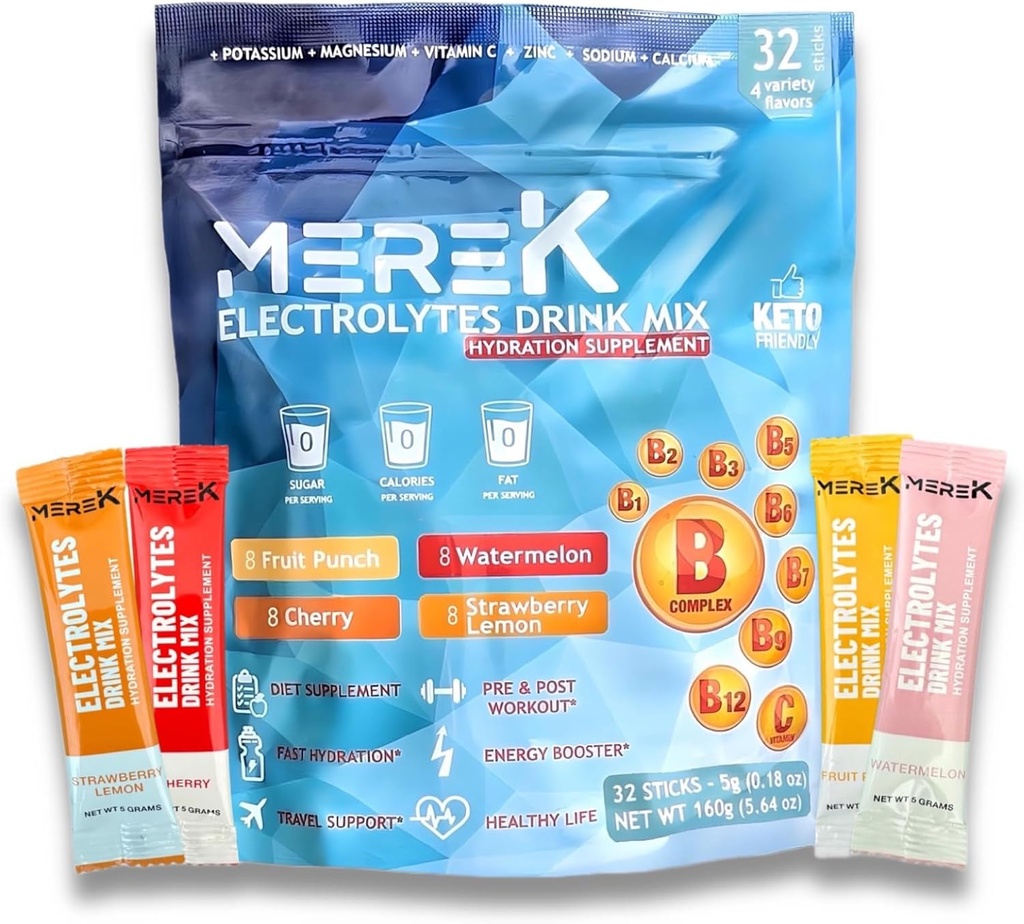 mereK Elektrolyt Hydration Pulver Ergänzungen 32 Sachets Easy Open Single-Serving Perfekt für Workout Essential for Daily Hydration braucht keinen Zucker, keine Kalorien, Keto Friendly