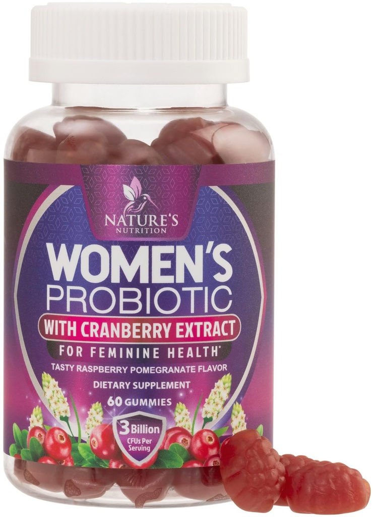 Probiotiques pour les femmes Gommies avec canneberge - 6 souches Premium pour l'équilibre PH, la santé digestive, le soutien vaginal et immunitaire, 3 milliards CFU, Gommy probiotique pour les femmes pour la santé féminine - 60 Gommies