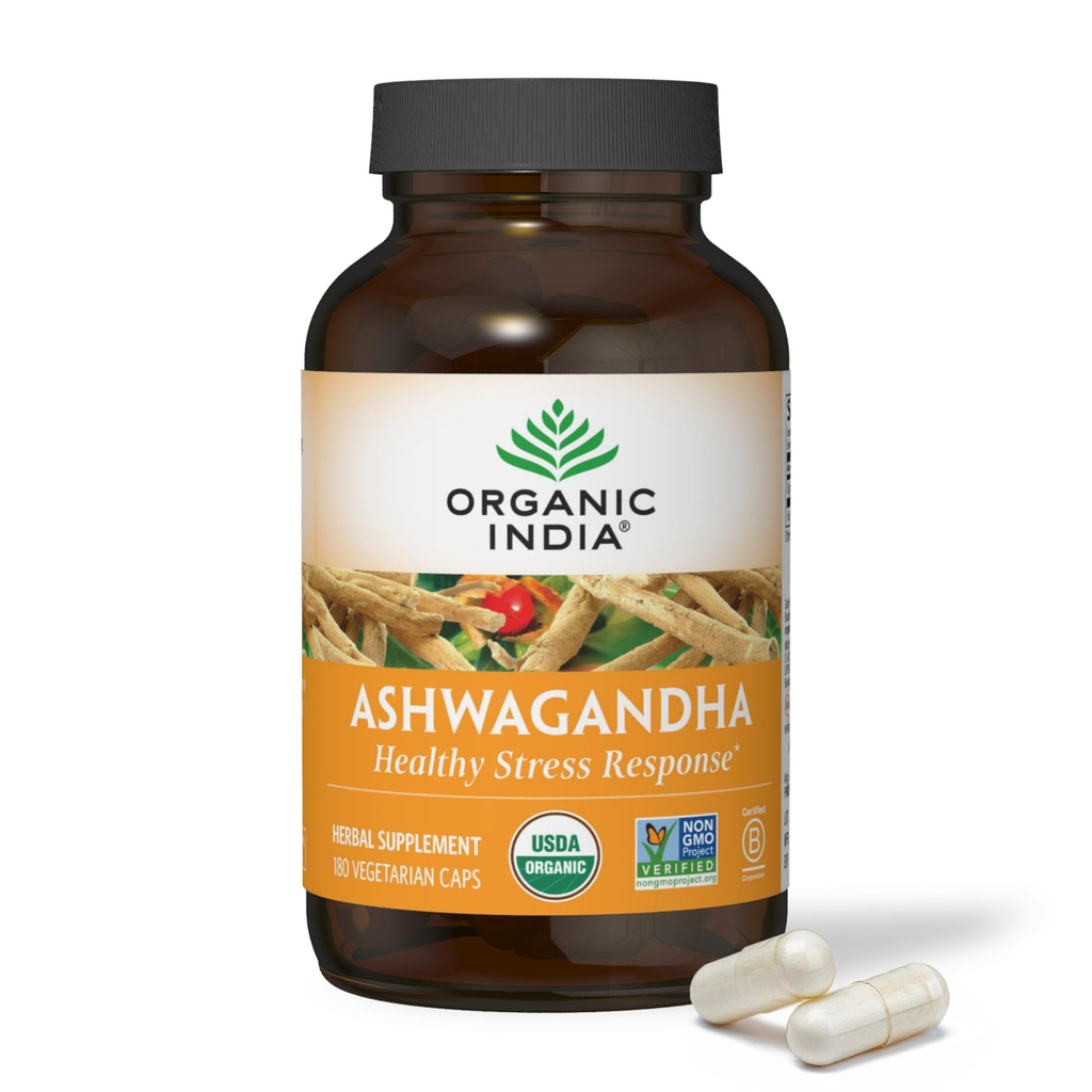 INDE ORGANIQUE Capsules Ashwagandha - Supplément Organique Ashwagandha - Racine d'Ashwagandha Vegan, sans gluten, sans casher, sans OGM, soutient le stress, l'énergie et le sommeil - 180 Capsules