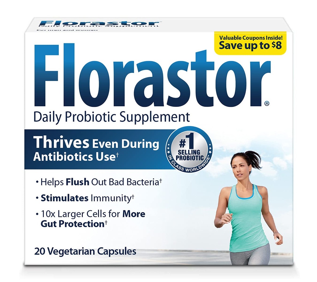 Probiotiques Florastor pour la santé digestive et immunitaire, 20 Capsules, Probiotiques pour les femmes et les hommes, double action aide à éliminer les mauvaises bactéries et booste le bien avec notre souche unique Saccharomyces boulardii