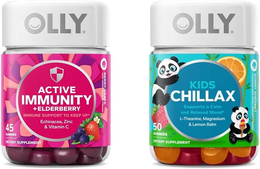 OLLY Gummy Immunity+Elderberry, 45 Gummies Kids Chillax, Magnésium Gummies, Lemon Baume, Chews calmes pour les enfants 4+, 50 Comte