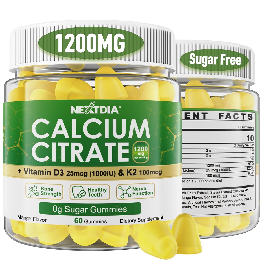 Calcium-Zitrat-Gummien 1200mg mit Vitamin D3 K2, Kaubare Kalzium-Ergänzungen für Damen und Herren, hohe Potenzunterstützung B0ne, Te*th, Stärke & Immune Gesundheit, Mango Flavor, Non-GMO, Zuckerfrei, 120 Cts