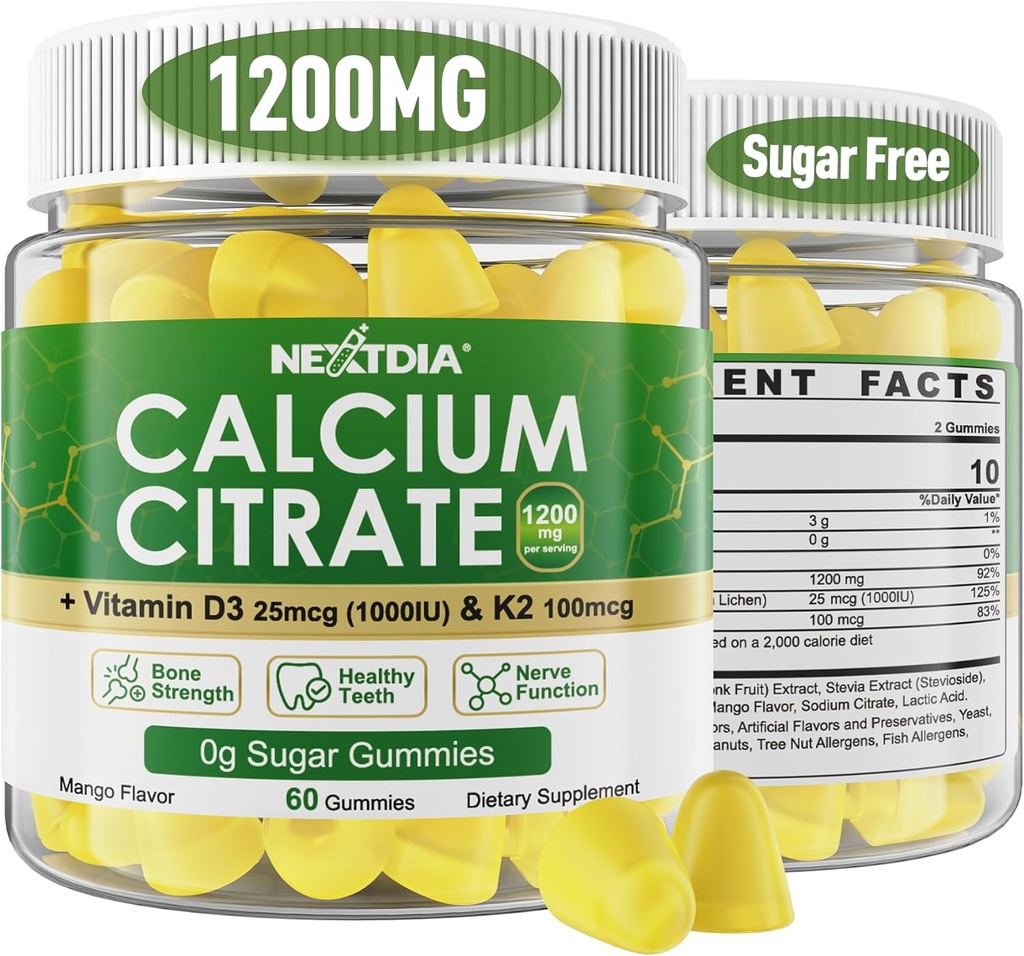 Calcium-Zitrat-Gummien 1200mg mit Vitamin D3 K2, Kaubare Kalzium-Ergänzungen für Damen und Herren, hohe Potenzunterstützung B0ne, Te*th, Stärke & Immune Gesundheit, Mango Flavor, Non-GMO, Zuckerfrei, 120 Cts