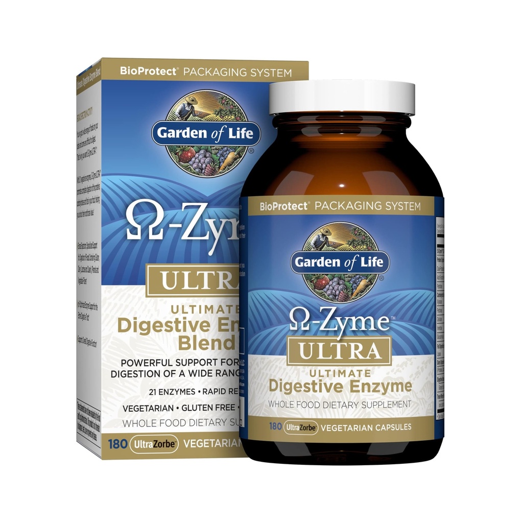 Jardin de vie 21 Enzymes digestifs puissants avec Papaine, Bromelain, Lipase, Ginger, Curcuma pour la digestion complète des protéines, glucides et graisses – Omega-Zyme ULTRA, sans gluten, végétarien, 180 capsules