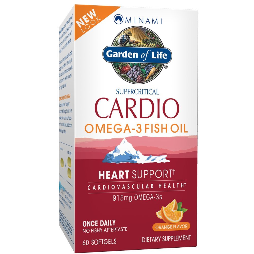 Garden of Life Huile de poisson Omega 3 - supplément d'huile de poisson Cardio pour la santé du coeur, 915mg Omega 3 acides gras EPA & DHA - Arôme orange, deux mois d'approvisionnement, Minami suppléments ultimes, 60 Softgels