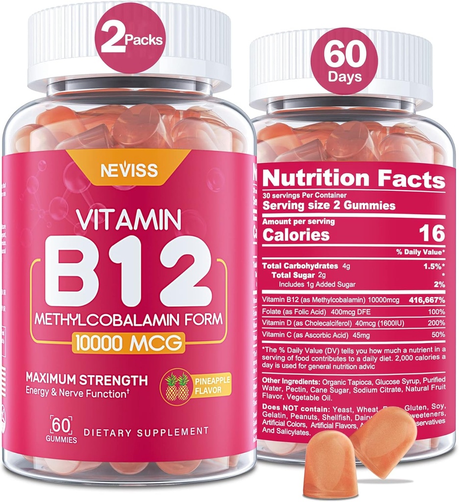 NEVISS Vitamin B12 10000 mcg (Methyl B12) Gummie mit Vitamin D3, B9 Vitamin Folat, Vitamin C, für Energie-Boost & Stoffwechsel, Nervensystem, starke Knochen, Immununterstützung, Niedriger Zucker, 120 Zähler