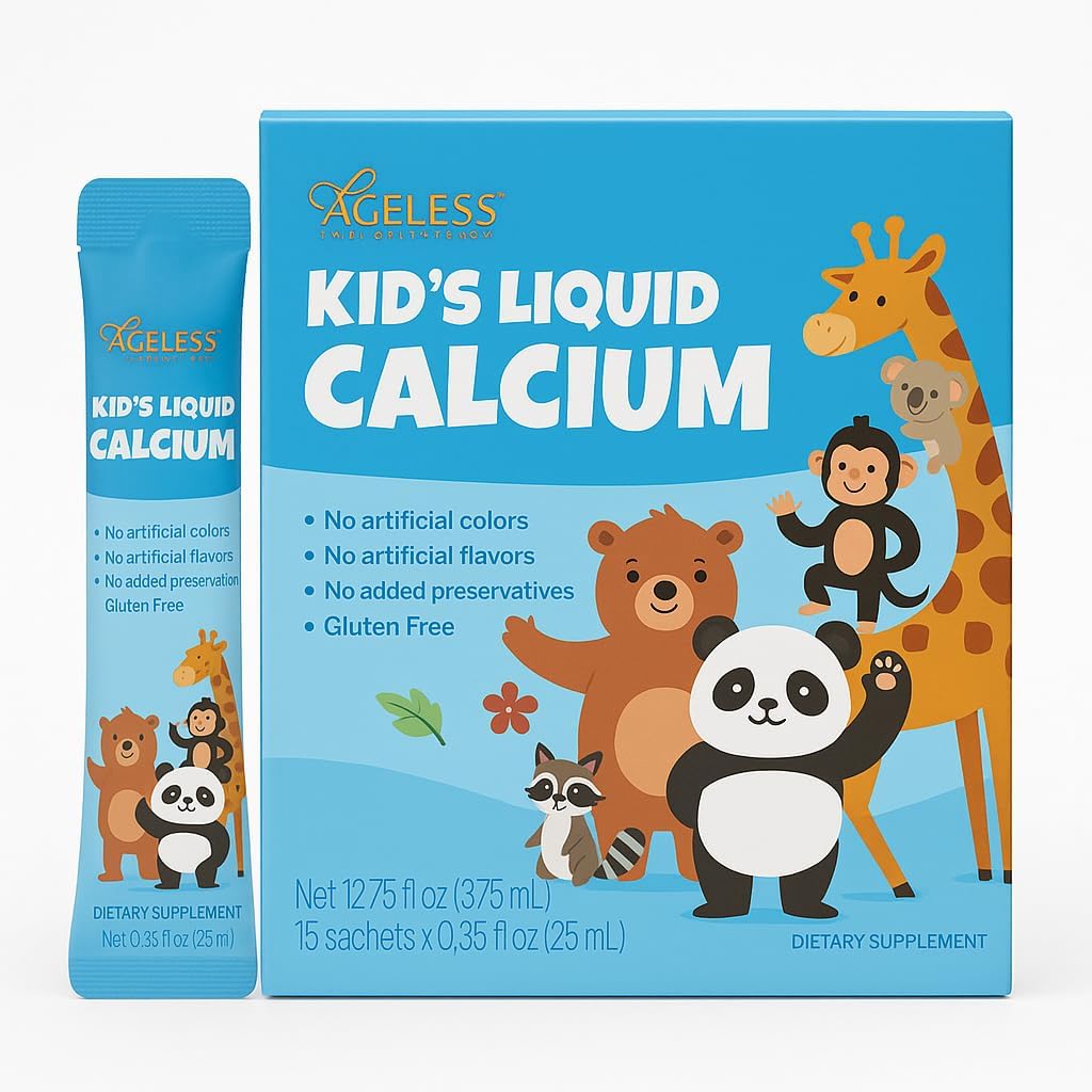 Ageless Kids Liquid Kalzium Supplement, um Knochen, Vitamin D, Zink und Magnesium, mit Sea Bass Extract - hohe Absorption, Immununterstützung, Glutenfrei - 25 ml (15 Zähler)