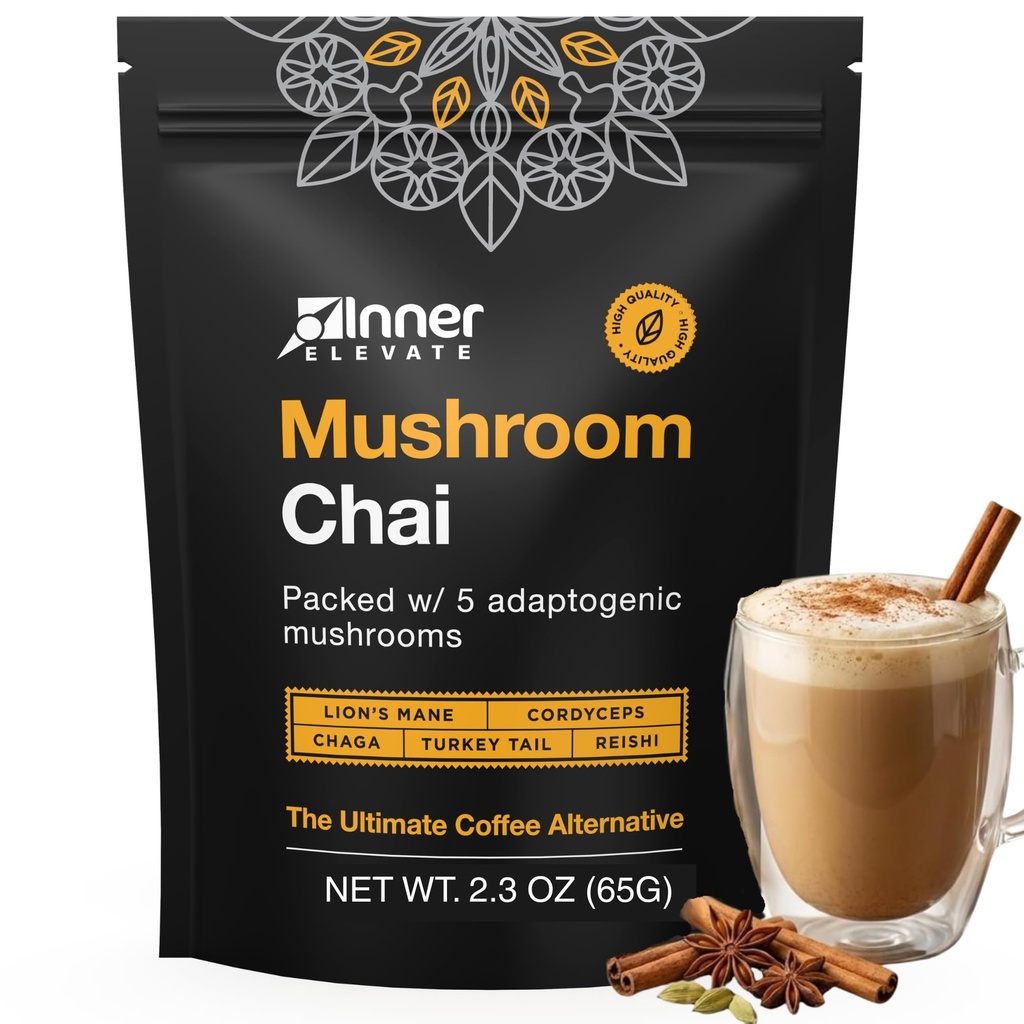 Chai de Champignons Inner Élevé - Ultime Alternative de Café - Thé de Champignon Adaptogène avec Mane de Lion, Cordyceps, Chaga, Reishi, Turquie Tail (35 portions)