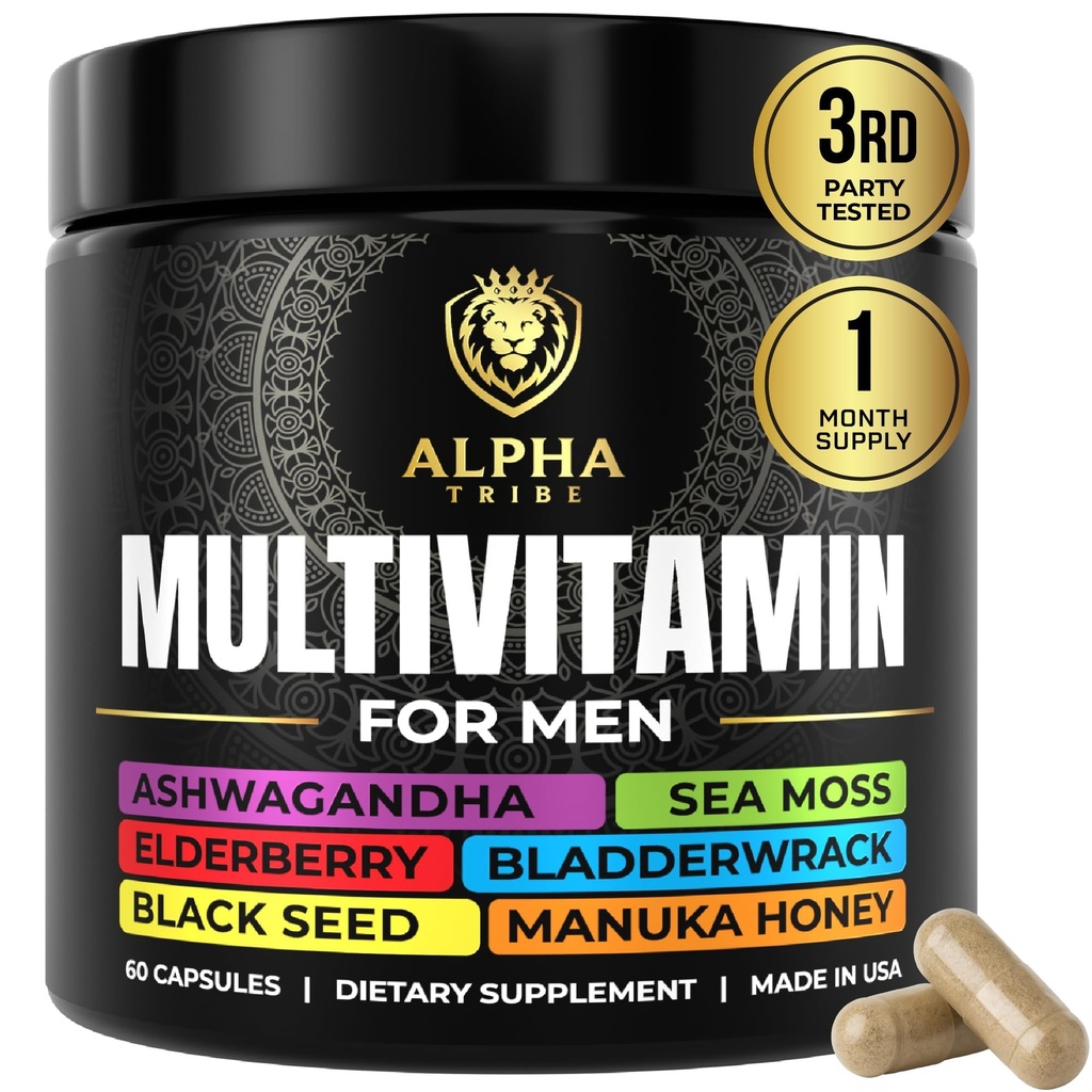 Alpha Tribe Multivitamine pour les hommes avec Seamoss Huile de graines noires Racine de Burdock Ashwagandha, Bladderwrack curcuma, Vitamine C, Elderberry, Manuka, Darge Jaune