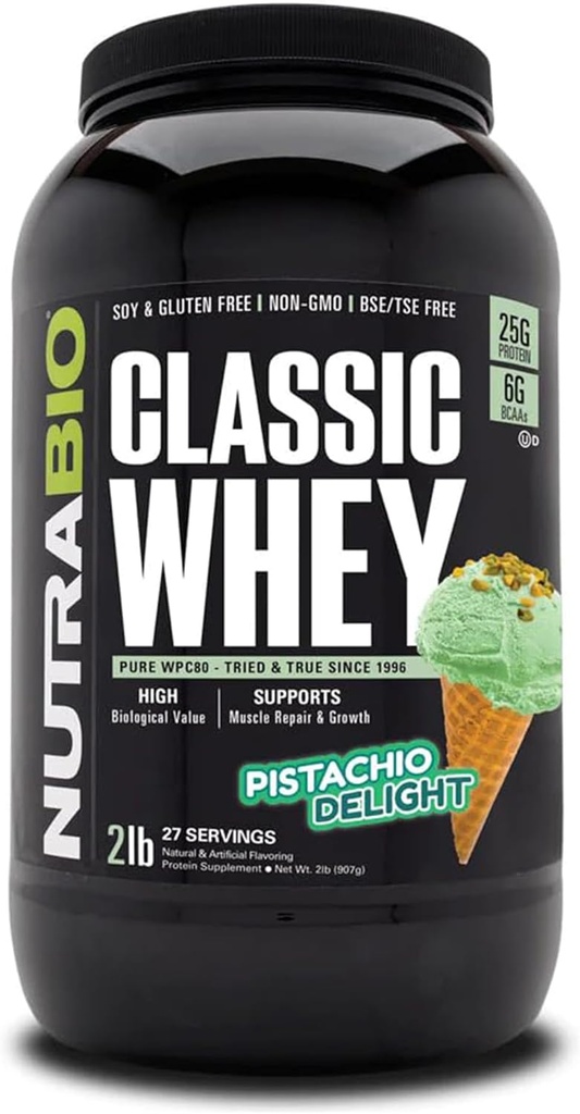 NutraBio Classic Whey Protein Powder- 25G Protein Per Scoop - Full-Spectrum Amino Säureprofil - Keine Füllstoffe, Künstliche Farben, Konservierungsstoffe - (Pistachio Delight, 2 Pfund)