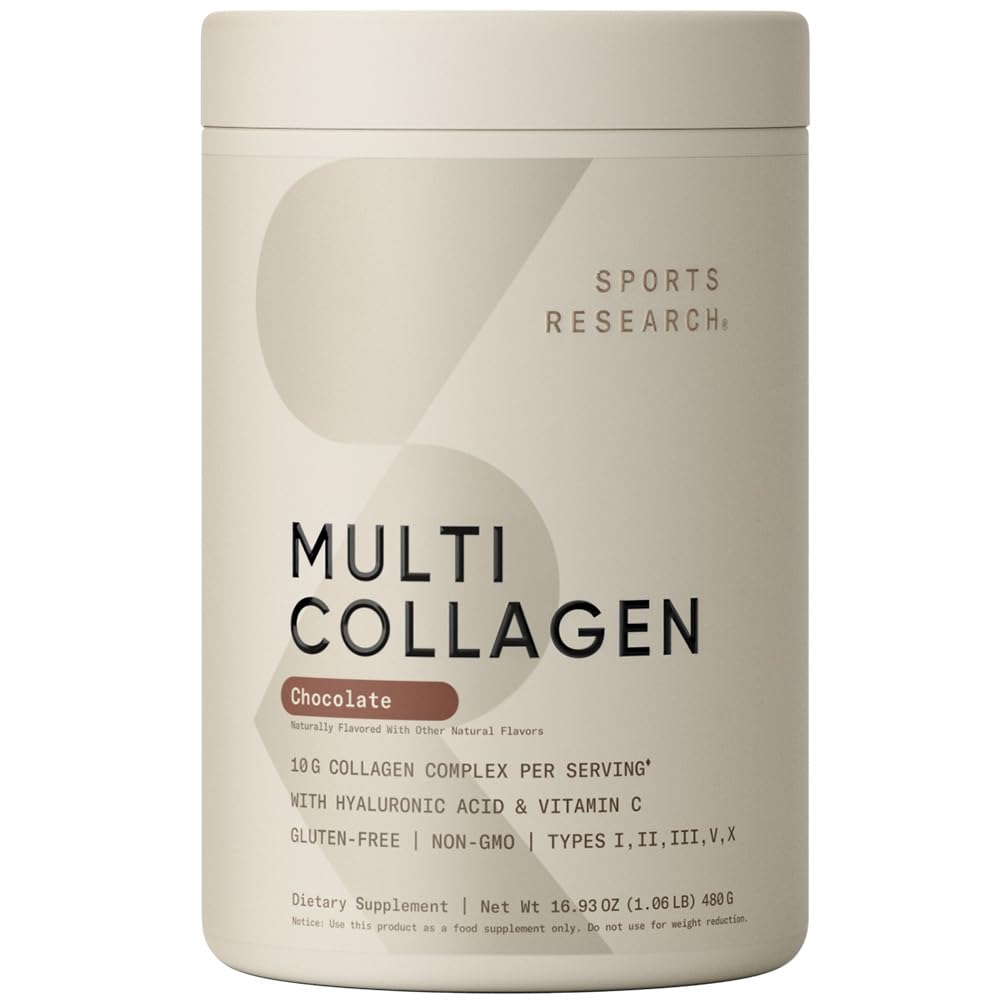 Recherche sportive Poudre de protéines multicollagènes (type I, II, III, V, X) avec acide hyaluronique + vitamine C. 5 types de collagène alimentaire, 30 portions (chocolat)