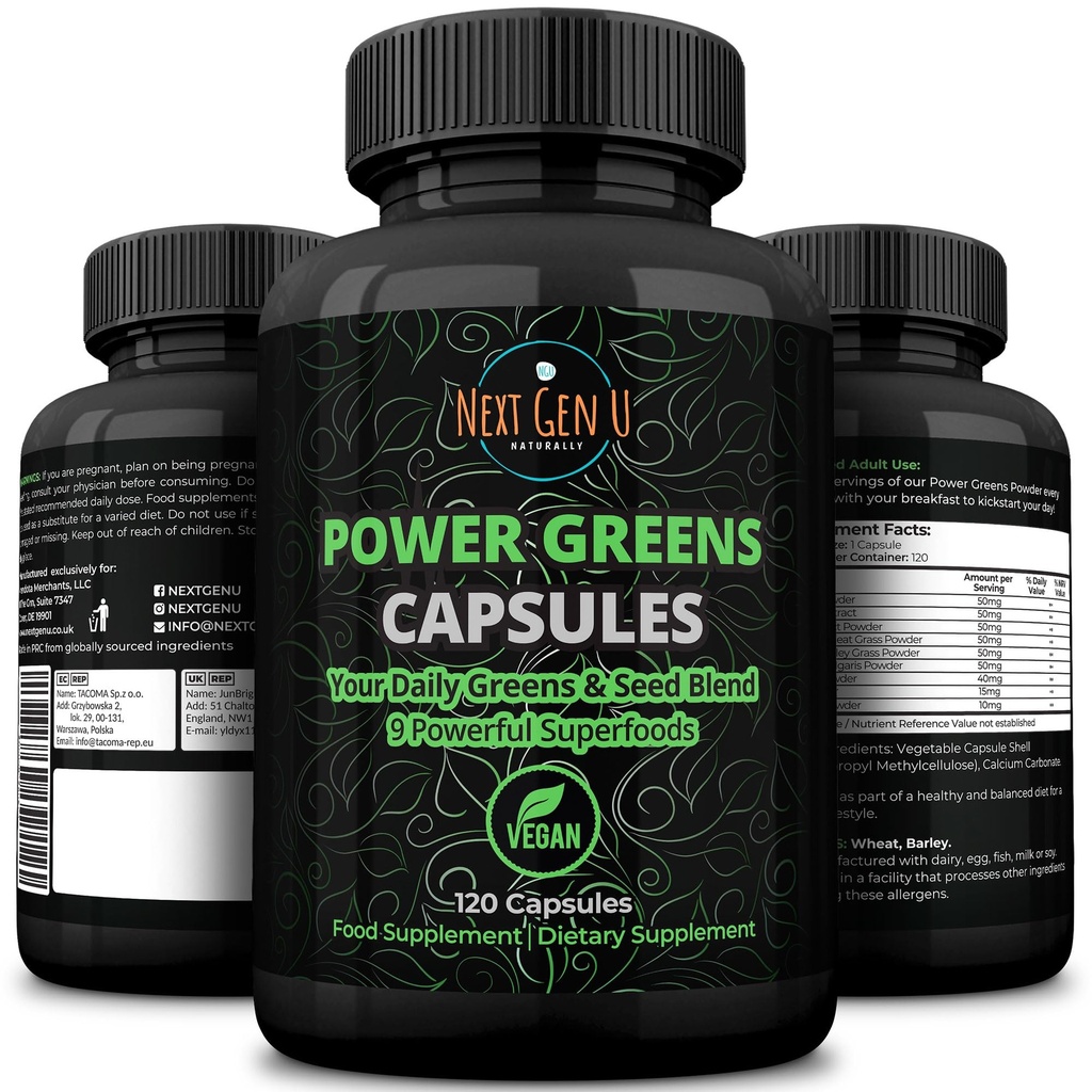 Super Greens - Immunsystem-Unterstützung - 500 mg 120 Vegan Kapseln - Superfoods for Daily Booster - Gesunde Keto-Mischung mit Acai, Wheatgrass, Guarana, Chlorella, Flaxseed, Matcha, Maca - von NextGenU
