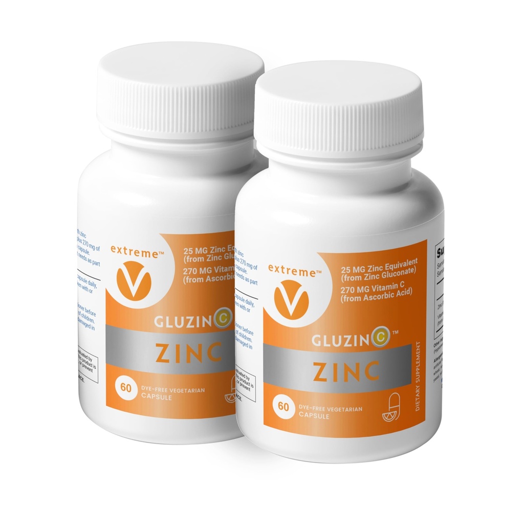 Zinc MG25+VC Dual Pack de gluconate de zinc quotidien + vitamine C de 25mg + 270mg de formule propre, végétalien-friendly, (2 bouteilles, 120 capsules végétariennes)