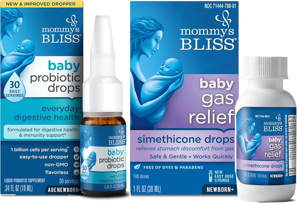 Mami's Bliss Baby Probiotic Drops Jeden Tag für Verdauung und Immunität Gesundheit, 30 Portionen (Pack von 1) mit Fast-Acting Baby Gas Relief Tropfen 100 Portionen (Pack von 1)