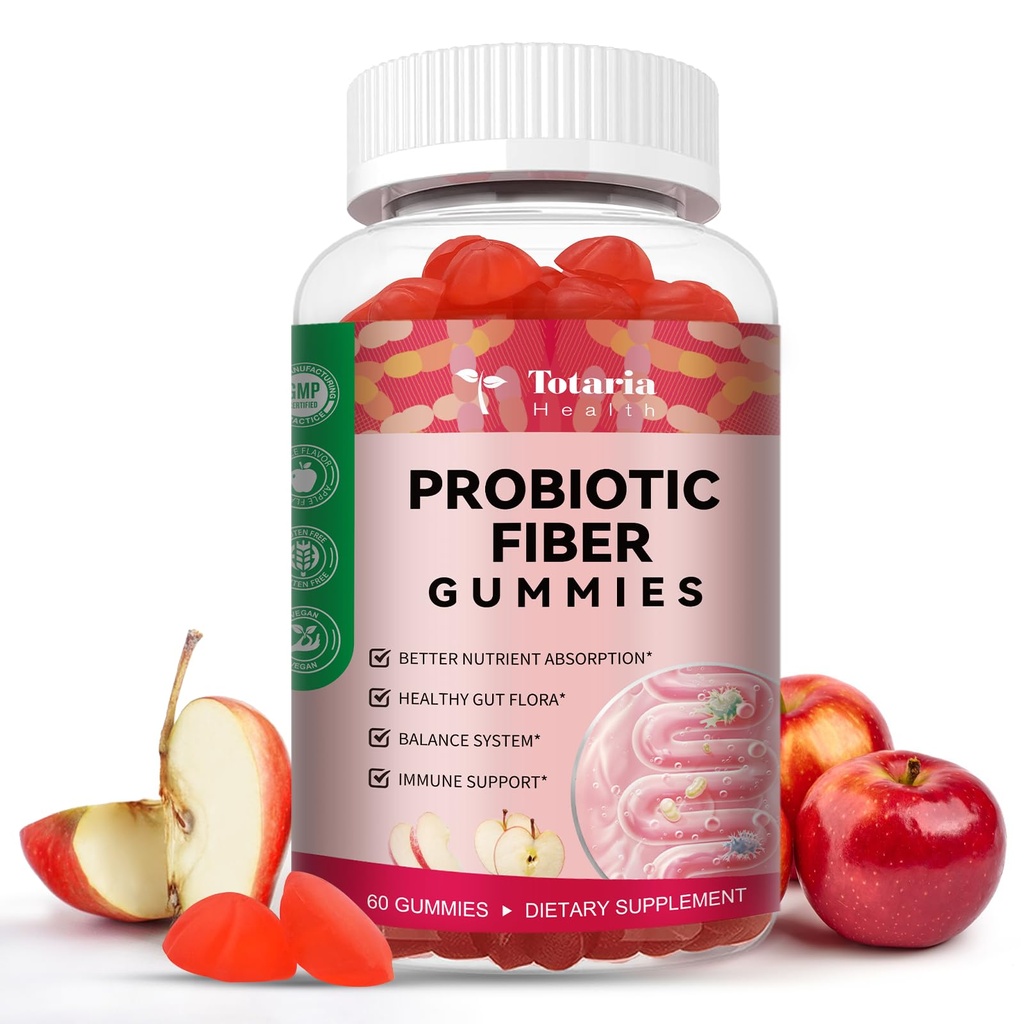 Totaria 9-in-1 Probiotic Fiber Gummis für Erwachsene & Teens 16G Fiber per Serving, Psyllium Fiber Supplement mit 5 Billion CFU Bacillus Coagulans, Inulin, ACV für Digestive & Gut Wellness - 60 Gummies
