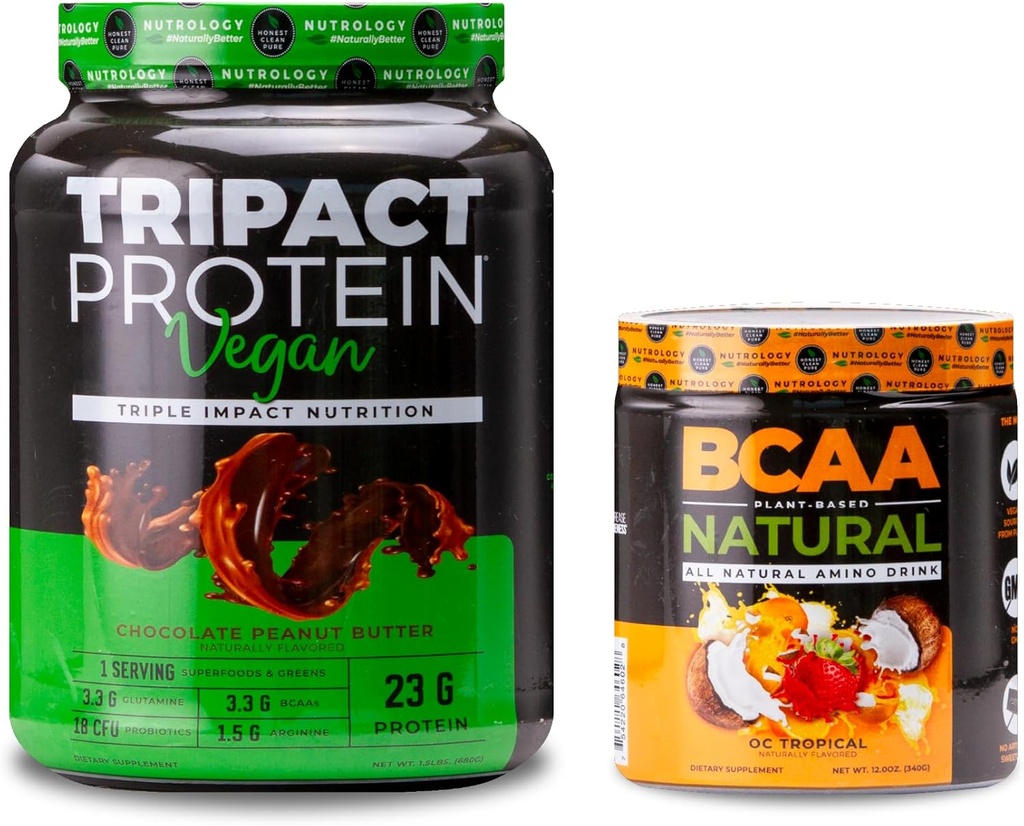 Nutrologie TRIPACT Vegan Protein Pulver, für Vegan Protein Shakes, Schokoladen-Peanut Butter (20 Servierungen) BCAA Natürlich, Pflanzenbasiert BCAA Pulver, Orange Kokosnuss Flavor (30 Servierungen)