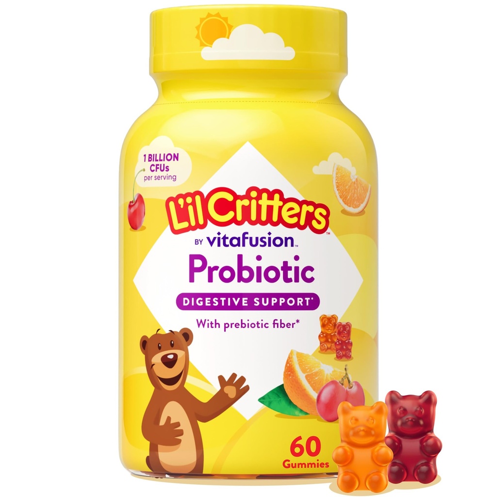 L’il Critters Probiotic Daily Gummy Supplement für Kinder, für Verdauungshilfe, Grape, Kirsche und Orange Flavors, 60 Gummis