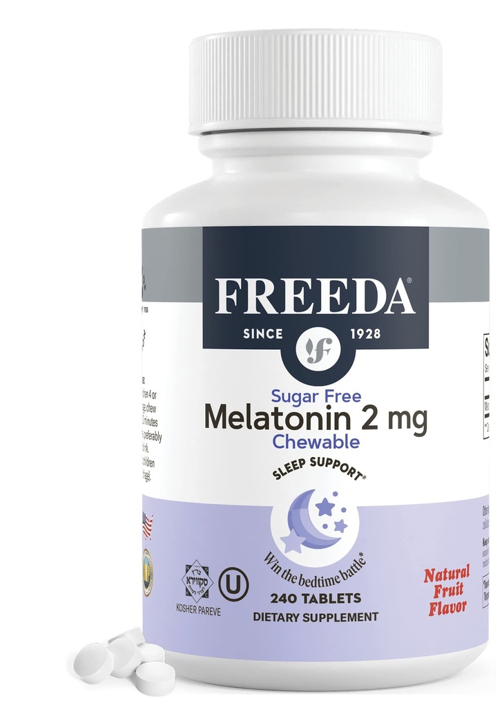FREEDA Melatonin 2mg Nourriture sans sucre – Aide naturelle au sommeil pour les adultes et les enfants – Vegan, Casher, Sans gluten, Non-OGM, Soutien facile au lit – 240 comprimés