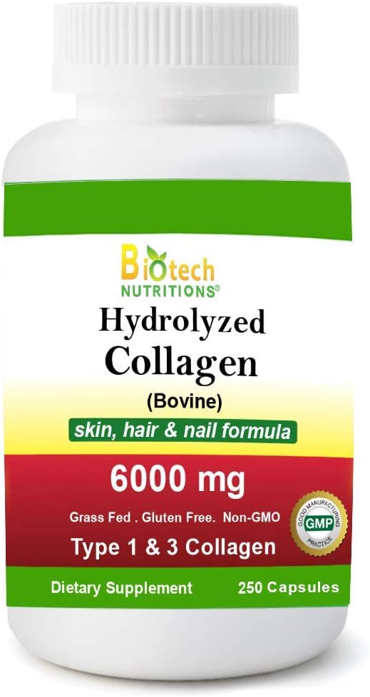 Hydrolysed Collagen Bovine Typ 1 & 3 6000 mg Servieren 250 Tabletten Gras Fed Gluten Free Non-GMO