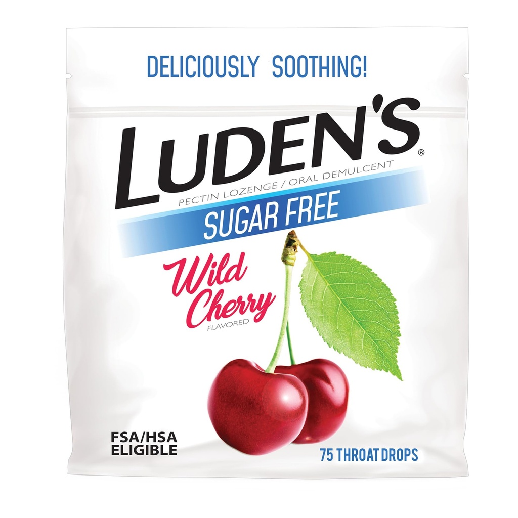 Luden's Sore Throat Relief Lozenges für Minor Everyday Irritation & Dry Mouth, Sugar Free Wild Cherry Flavored Drops, 75 Count