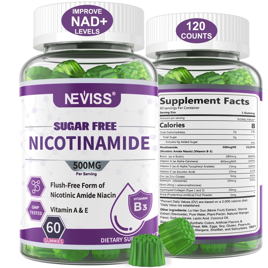 Sans sucre Nicotinamide 500mg Gommies, (Niacine Sans Fuite) Supplément de vitamine B3 Niacinamide pour l'énergie cellulaire Métabolisme et réparation, Vitalité, Vieillissement en santé, Arôme de canneberge, Facile à mâcher, 120 Cts