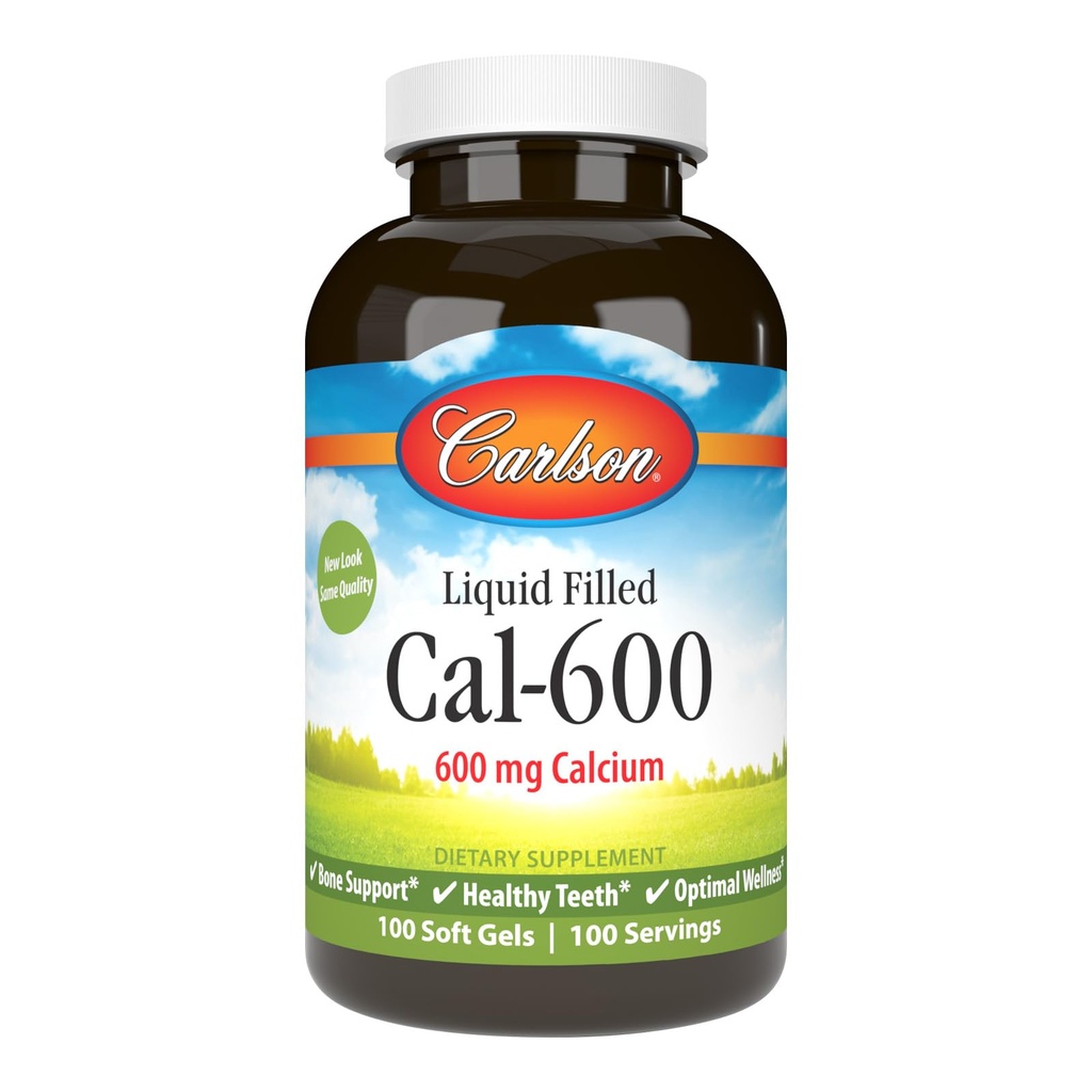 Carlson - Cal-600, 600 mg Calcium, soutien osseux, dents saines et bien-être optimal, 100 softgels