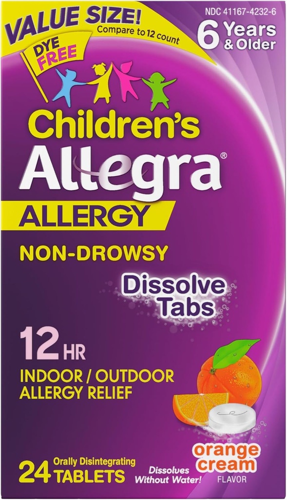 Allegra Kinder 12-Hour Allergy Relief Orally Dissolving Tablets, Non-Drowsy Indoor und Outdoor Allergy Medicine, 30 mg Fexofenadine HCI Antihistamin für Kinder, Orange Cream Flavor, 24-Count