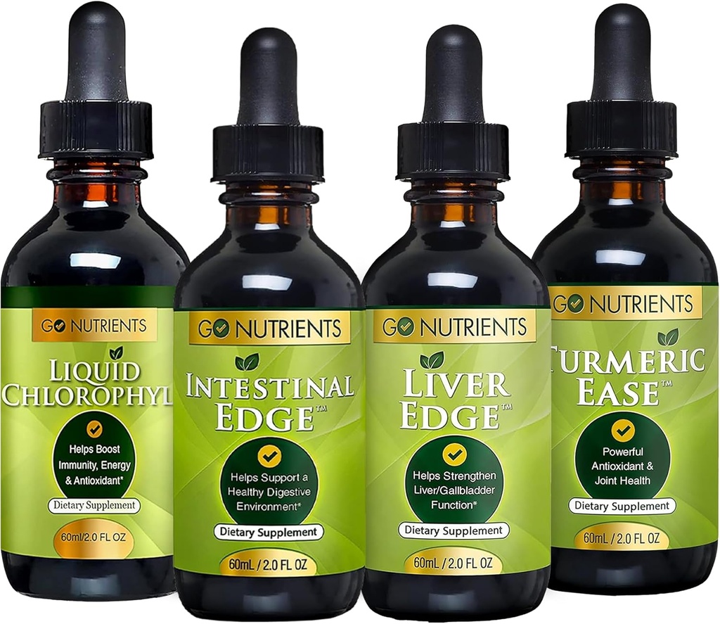 Gehen Sie Nährstoffe Verdauung & Detox Bundle – Flüssige Chlorophyll, Liver Edge, Darmrand, Turmeric Ease – Unterstützt Reinigung, Verdauung, Lebergesundheit und Körperverteidigung, Revitalisieren Sie Haut &Vitalität