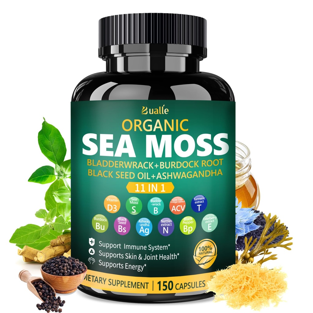 Bualle Irish Sea Moss Capsules – Organic Sea Moss, Black Seed Oil, Ashwagandha Ergänzungen mit Bladderwrack, Ginger & Burdock Root – Unterstützt täglich Wellness, Skin & Energy – 150 Kapseln (1 Packung)