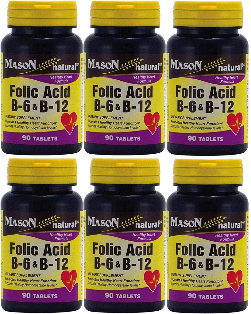 Vitamines Mason Acide folique B-6 et B12 Formule de santé cardiaque 90 Comprimés par boîte de bouteille de 6 Total 540 Comprimés