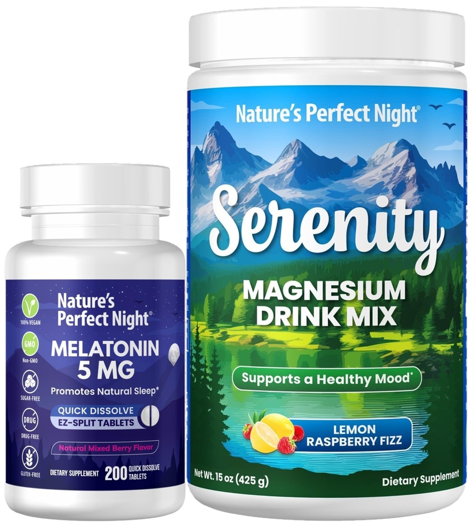 Nature's Perfect Night Melatonin 5mg Schnell auflösen Gemischte Berry 200 Zählen mit Serenity Magnesium Pulver 15 oz Zitronen Himbeer
