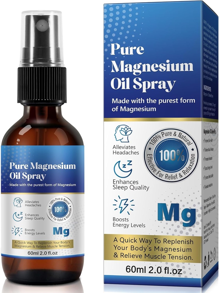 Spray d'huile de magnésium topique pur, Spray de magnésium pour les pieds, 100 %, Absorption rapide - Source naturelle avec mélange puissant d'huiles essentielles, reconstituer le corps- 2,02 fl oz