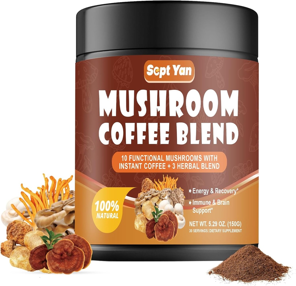 Moustiquaire Café avec 10 Champignons, Poudre de café instantané Colombien avec Lion's Mane, Reishi, Chaga, Cordyceps, Shiitake, Maitake, Turquie Tail - Supplément Champignon pour l'énergie, Focus, Immune Support