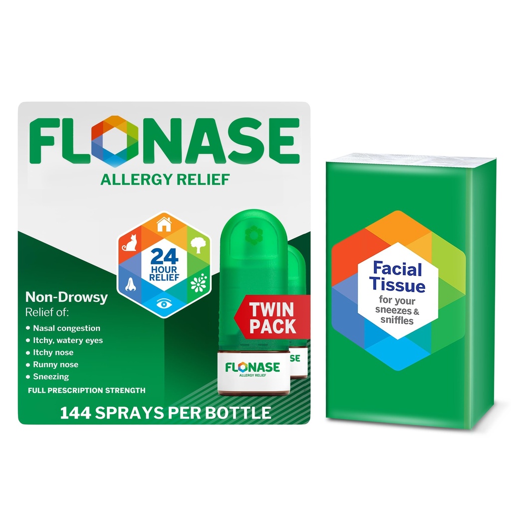 Flonase Allergy Relief Nasenspray, 24-Stunden-nicht-Drowsy Multi-Symptom Relief – 144 Sprays (Pack von 2) plus Bonus Pack von Tissues