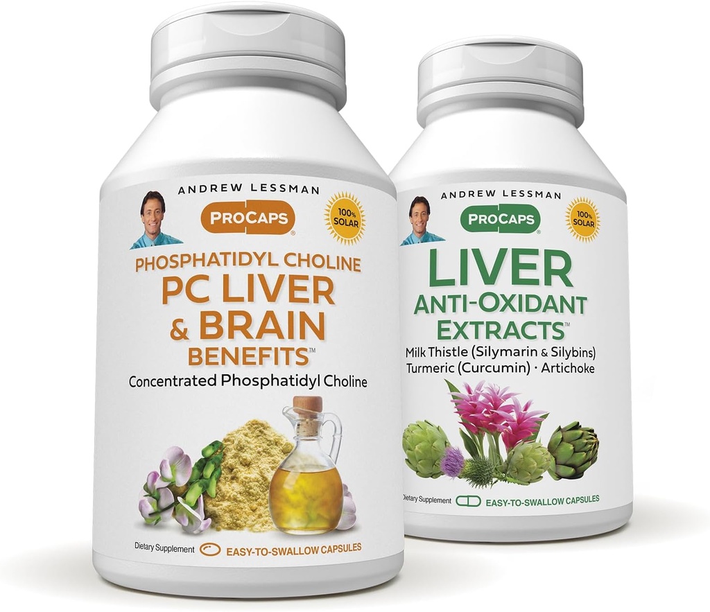 ANDREW LESSMAN PC Liver und Brain Vorteile + Liver Anti-Oxidant Extrakt Kit: 300 Kapseln (180+120) - Phosphatidyl Choline, Milchdistel, Artichoke, Curcumin.