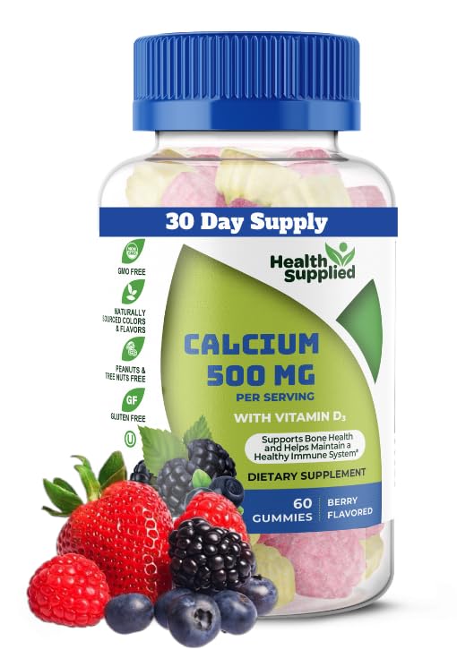 Calcium 500mg avec vitamine D3 1000 UI Gummies.com Supplément diététique quotidien.