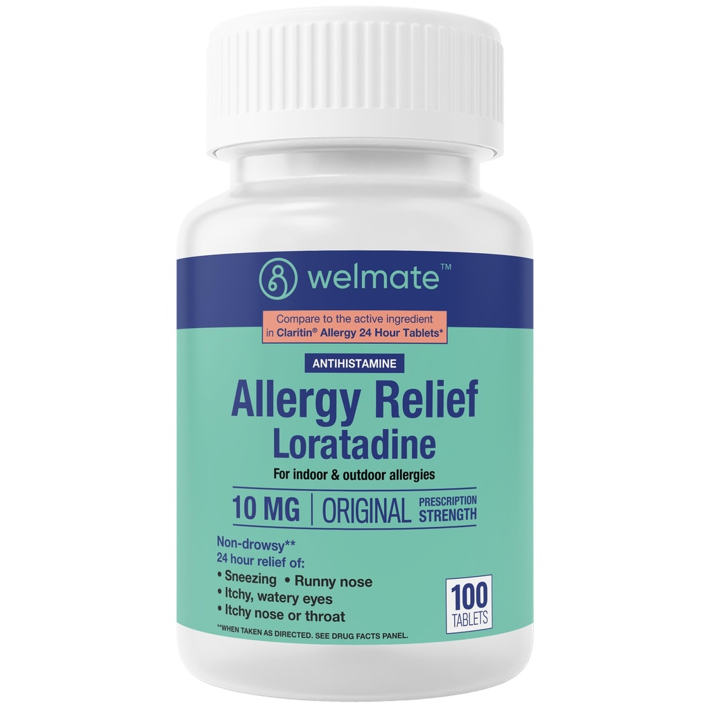 WELMATE - Allergie - Loratadine 10 mg - 24 heures antihistaminique de soulagement - Non somnolence - Runny Nez - Éternuement - Démangeaison Nez et gorge - Yeux aqueux - Allergie intérieure et extérieure Médicaments - 100 Compte