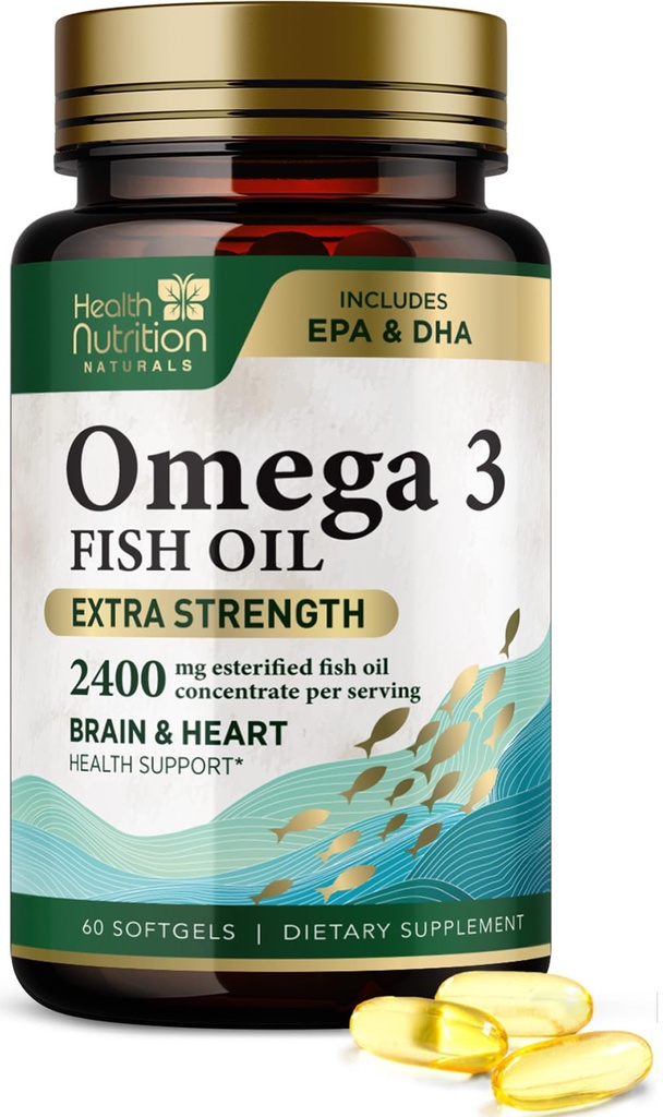 Omega 3 Fischöl 2400 mg - Dreifache Stärke Omega-3 Ergänzungen - Natürliche Gehirn Herz Gesundheit und Immununterstützung - Fettsäuren mit EPA & DHA - Wild Caught gereinigtes Fischöl Supplement - 60 Softgels