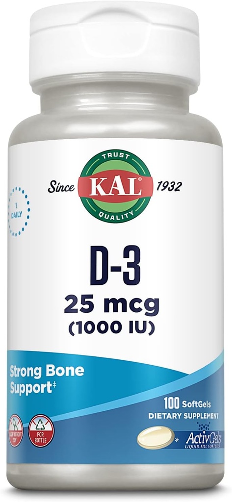 KAL Vitamin D3 1000 IU Softgels (25 mcg), Aktive Form von Vitamin D, Kalziumabsorption, Knochengesundheit, Immununterstützungsergänzung, Liquid Filled ActivGel, Made without Soy, 100 Servietten, 100 Softgels