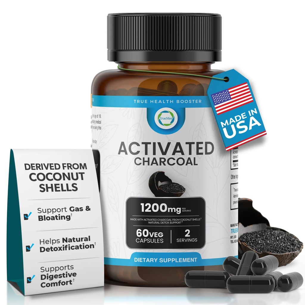 Aktivierte Charcoal Capsules 1200 MG, 60 Veg Caps, 30-Days Premium Detox & Digestive Support, Gas & Bloating Relief, Organische Kokosschale Charcoal, Gut Health, USA Made.