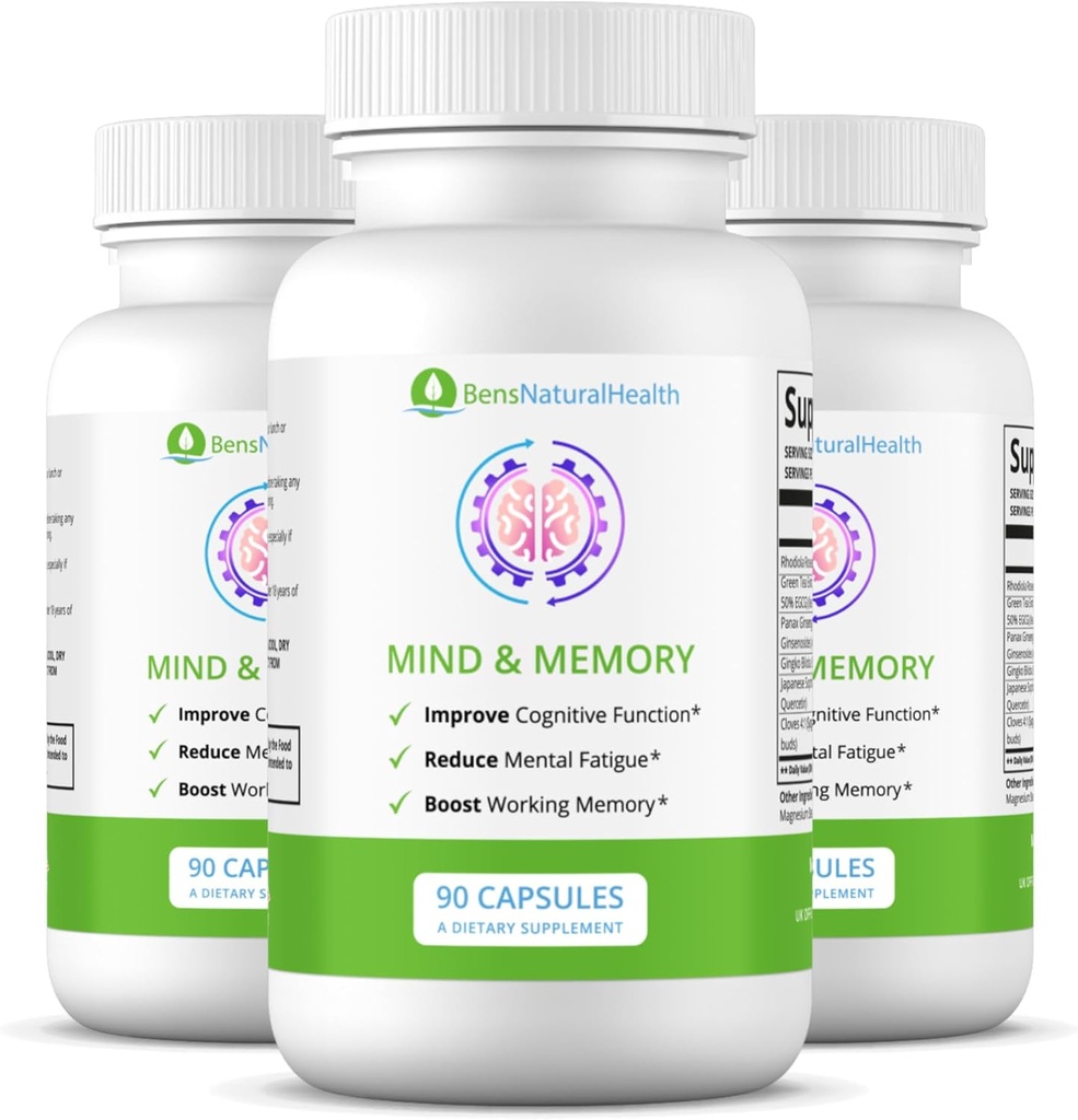 Ben's Natural Health Mind & Memory Supplement, Nootropic Brain-Unterstützung mit Rhodiola, Green Tea, Cloves & Quercetin, 90 Kapseln, 3 Pack