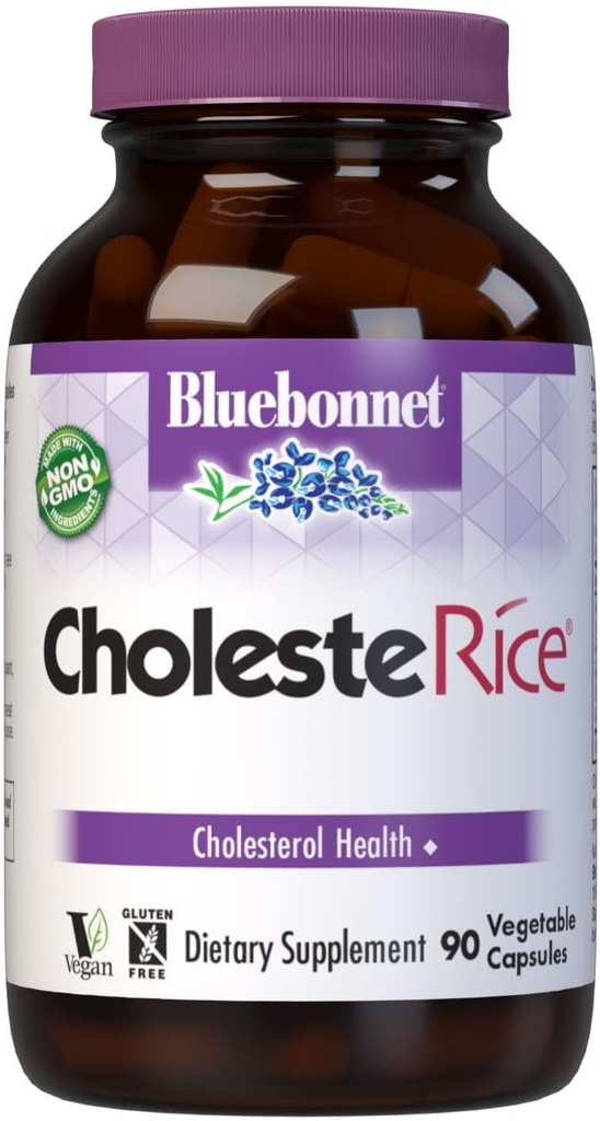 Bluebonnet Nutrition CholesteRice Vegetable Capsules, Red Yeast Rice, Plant Sterols, Pantethine, CoQ10, Policosanol, Vegan, Vegetarisch, Non GMO, Glutenfrei, Milk Free, SOY-FREE, 90 Gemüsekapseln