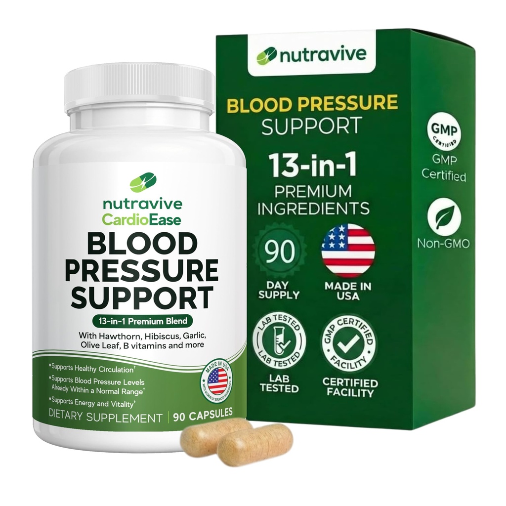 Nutravive Blood Pressure Support Supplement – Natural Heart & Circulation Support mit Hawthorn, Knoblauch, Olive Leaf, Hibiscus & B12 – USA Made, GMP Facility - 90 Kapseln