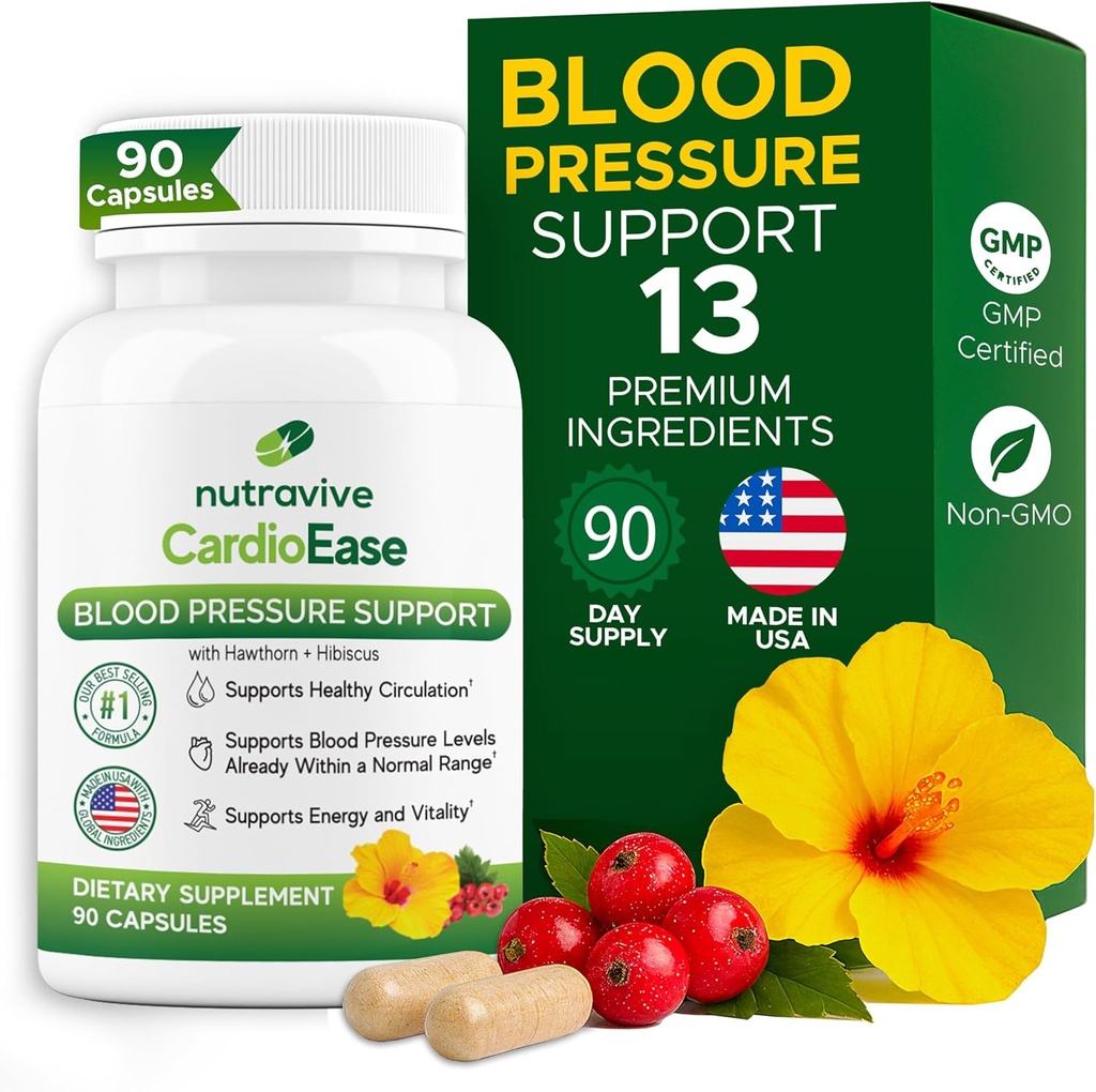Nutravive Blood Pressure Support Supplement – Natural Heart & Circulation Support with Hawthorn, Garlic, Olive Leaf, Hibiscus & B12 – USA Made, GMP Facility - 90 Capsules