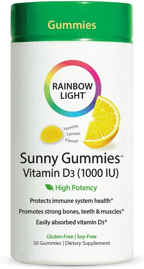 Regenbogenlicht - Sunny Gummies Vitamin D3 1000 IU, Unterstützung für gesunde Knochen, Muskeln und Immunität in einem familienfreundlichen Kaubar mit Vitamin D3, Sojafrei, Glutenfrei, Sauer Zitronen, 50 Gummy Tropfen