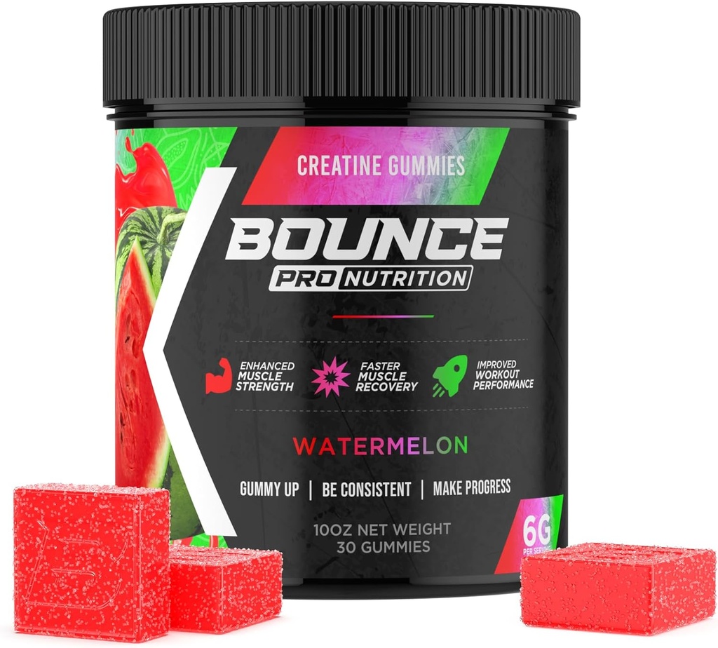 Bounce Pro Creatine Monohydrate Gummie für Männer und Frauen, Low Calorie, 6G Kreatin pro Servierung, Vegan, Anti-Melting, Glutenfrei, Non-GMO, 2g Kreatin pro Gummy (30ct, Watermelon)